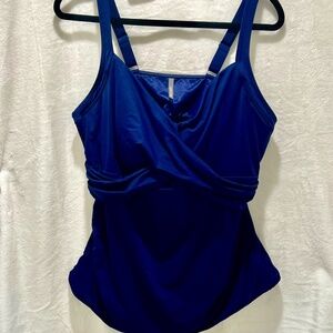 Lands End Tankini Top Dark Blue Criss Cross Bust Underwire Side Ruching Size 20W